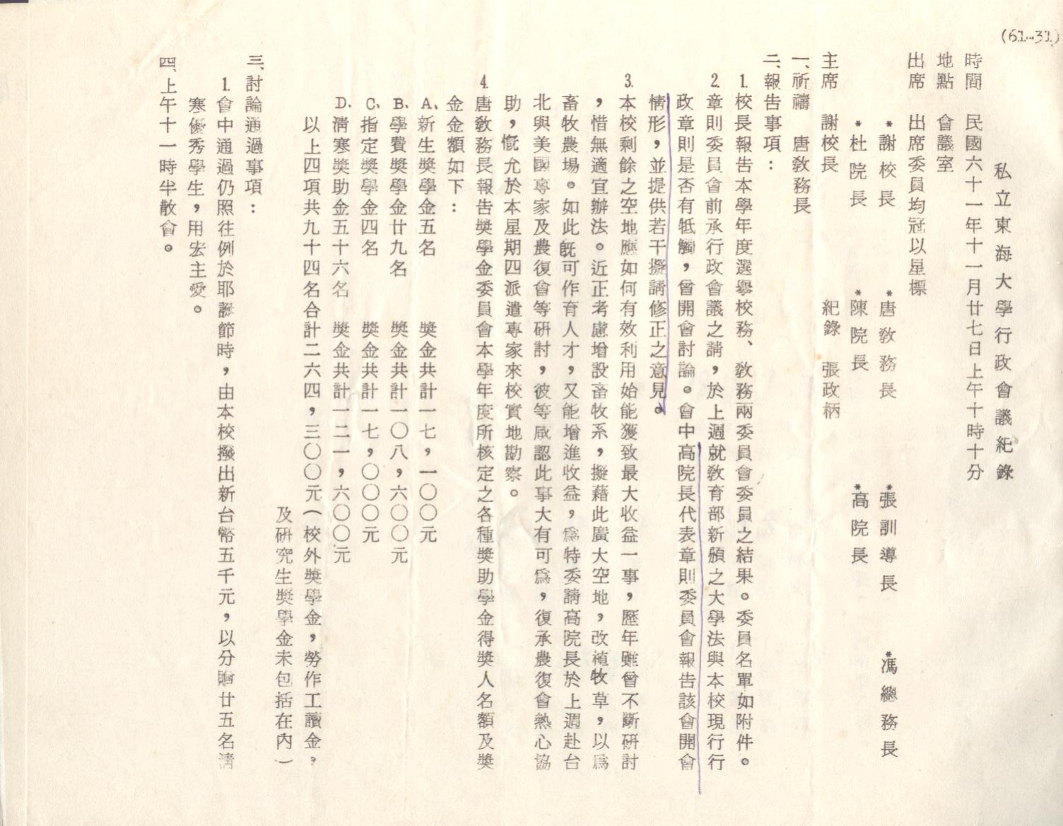 61年11月27日行政會議紀錄