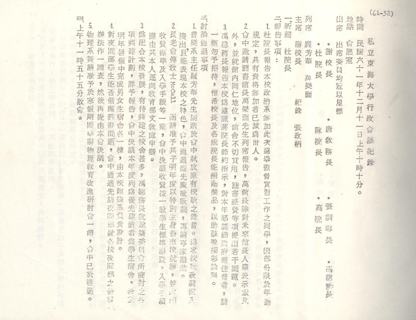 61年12月11日行政會議紀錄