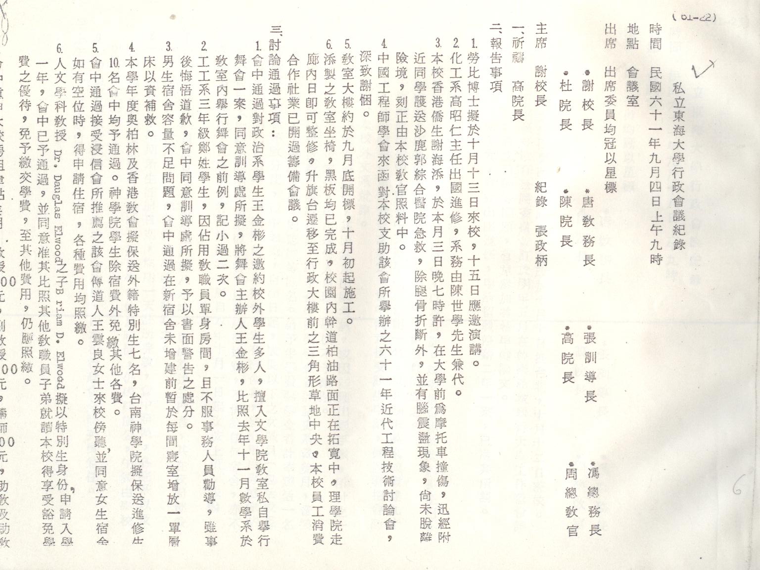 61年9月4日行政會議紀錄